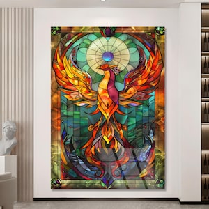 May include: A stained glass artwork depicting a colorful phoenix with red, orange, yellow, and green hues. The phoenix is surrounded by a circular design with a blue center.