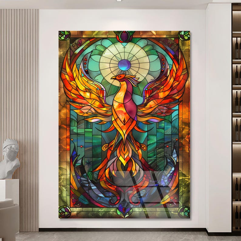 May include: A stained glass artwork depicting a colorful phoenix with red, orange, yellow, and green hues. The phoenix is surrounded by a circular design with a blue center.