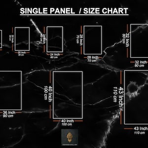 May include: Size chart for single panel canvas prints. The chart shows different sizes in inches and centimeters, ranging from 20 inches to 43 inches.