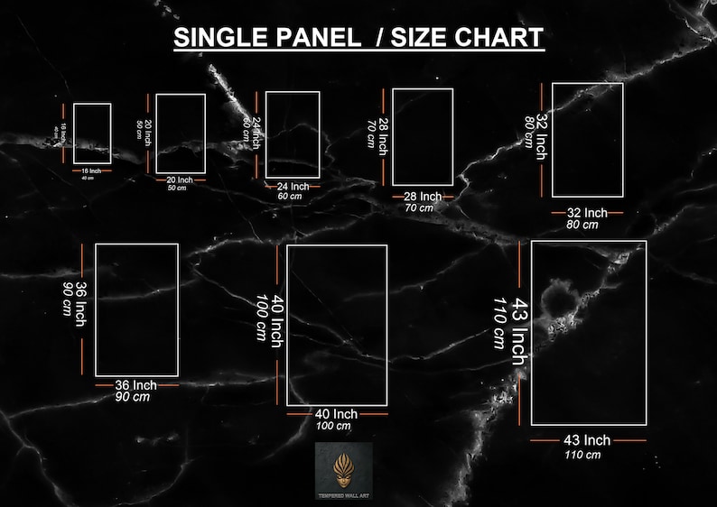 May include: Size chart for single panel canvas prints. The chart shows different sizes in inches and centimeters, ranging from 20 inches to 43 inches.