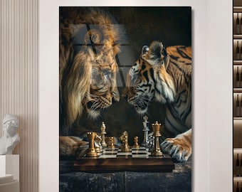 Tiger and Lion Art Chess Wall Art Motivation Wall Art Young Room Wall Decor office wall decor Office Design Large artwork Wall Hangings gift