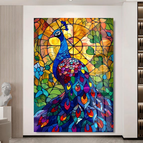 孔雀のステンドグラス風デザイン ステンドグラス 孔雀と花のデザイン