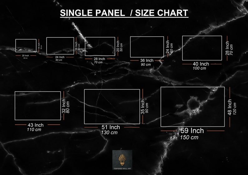 May include: Size chart for single panel wall art prints. The chart shows the dimensions in inches and centimeters for various sizes, ranging from 20 inches to 48 inches.