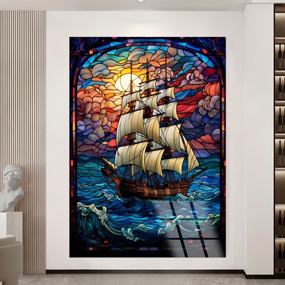 Ship Wall Art, Ship Stained Glass Art, Gift for Dad, Stained Glass Home