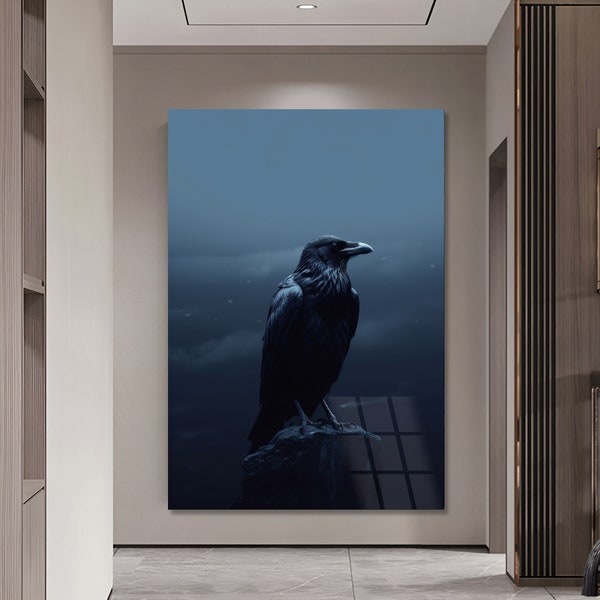 black crow raven Crow Portrait raven decor Gift for Friend Modern unique Tempered glass wall art Garage decor extra large wall decor gifts
