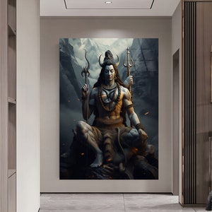 May include: A digital painting of Shiva, a Hindu deity, sitting on a rock with a trident in his right hand. He is wearing a tiger skin and has a third eye on his forehead. The background is a dark, stormy sky with mountains in the distance.