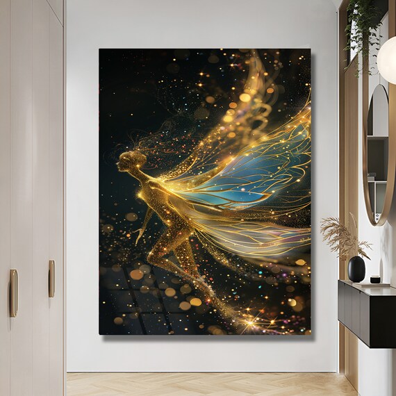 Gold Winged Fairy Fairy Wall Art Gold Wall Decor Gold Frame Art Tempered Glass Art Housewarming Gift Ready to hang Luxury Wall Art wall art