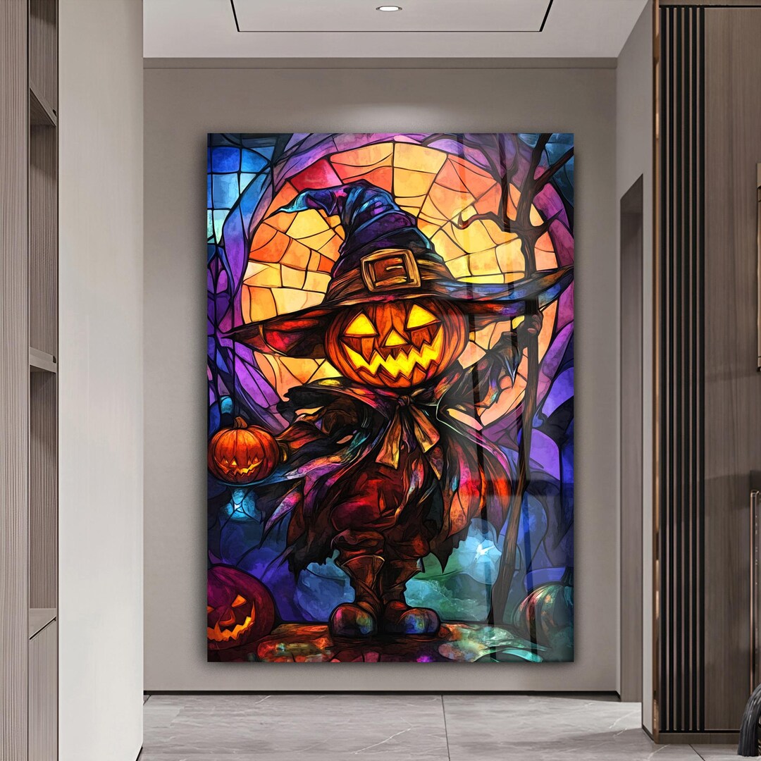 Halloween Pumpkin Wall Art Tempered Glass Print Scary Jack O Lantern ...