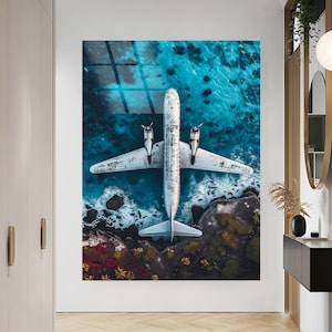 Tempered glass Wall Art Airplane Wall Art Landscape Decor Beach Wall Decor Modern Glass Art Large wall decor Wall Hangings glass wall art
