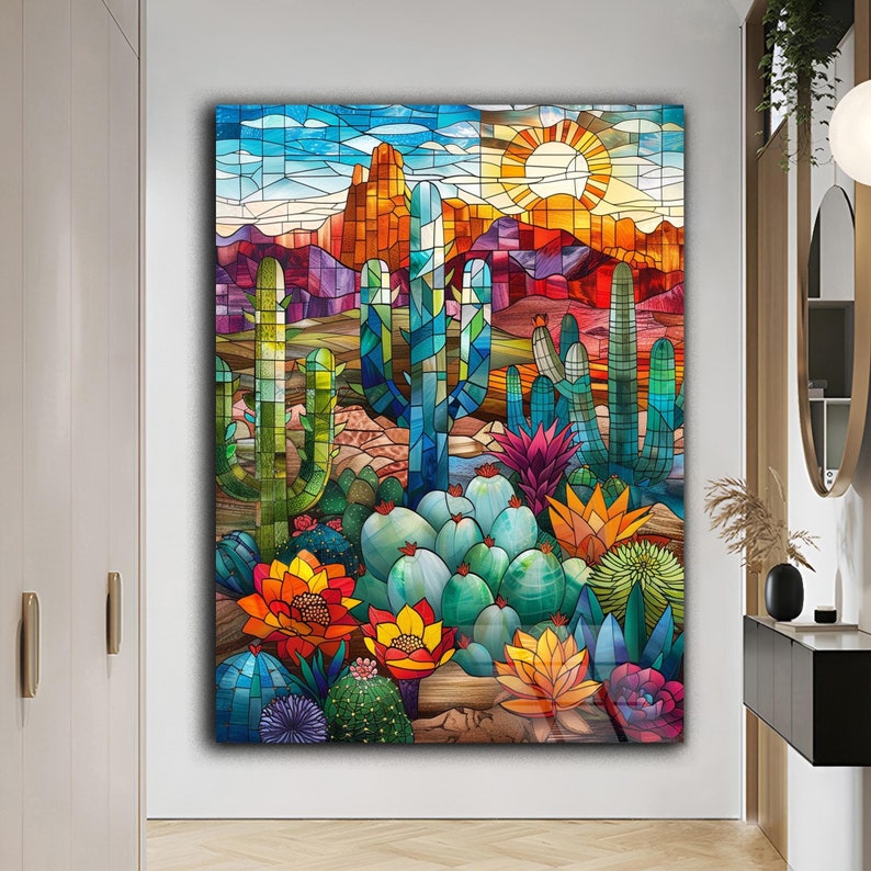 Cactus Wall Art Tempered Glass Art Stained Glass Art Natural Wall Decor Landscape Print Wedding Gift Farmhouse Decor Housewarming Gift