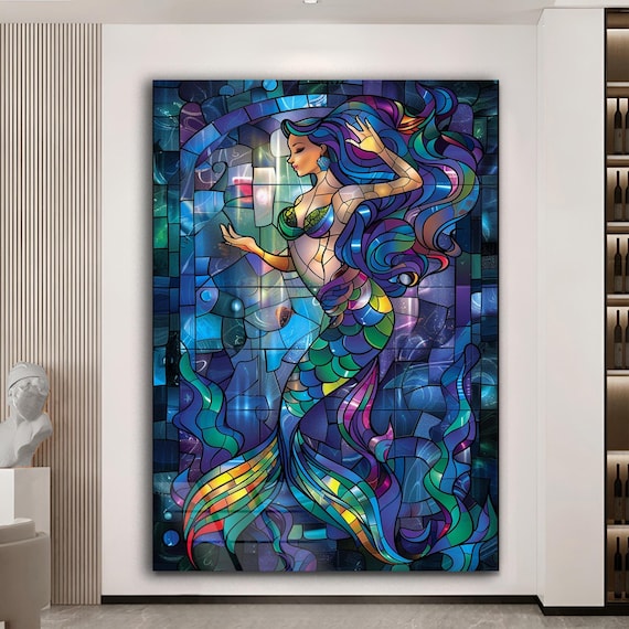 Mermaid Wall Art Tempered Glass Art Framed Art Stained Glass Print Modern Artwork Wall Hanging Oversized Wall Art Glass Print Home Decor