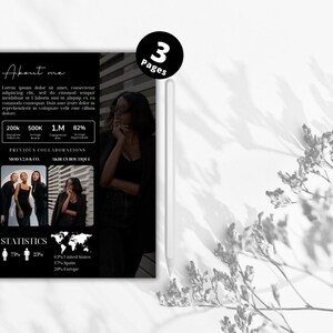 May include: A black and white media kit template with the text "MEDIA KIT" in large white letters. The template includes a photo of a woman, statistics, and the text "About me".