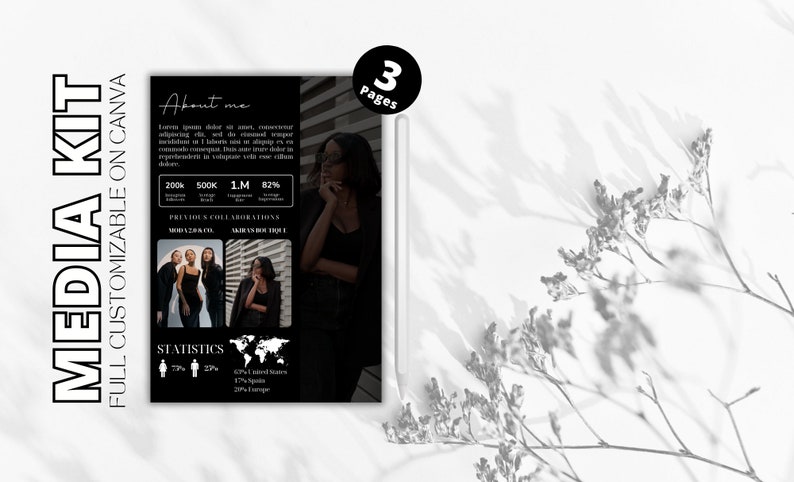 May include: A black and white media kit template with the text "MEDIA KIT" in large white letters. The template includes a photo of a woman, statistics, and the text "About me".