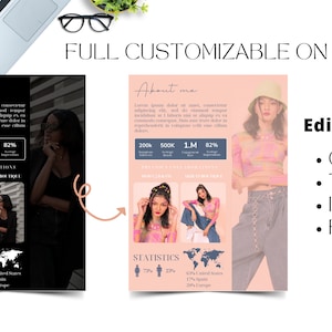 May include: A customizable template for a social media post or website. The template features a black and white photo of a person, a pink and white photo of a person, and text that says "About me", "200k", "500k", "1.M", "82%", "Previous Collaborations", "Statistics", "Edit all:", "Colors", "Texis", "Images", "Fonis".
