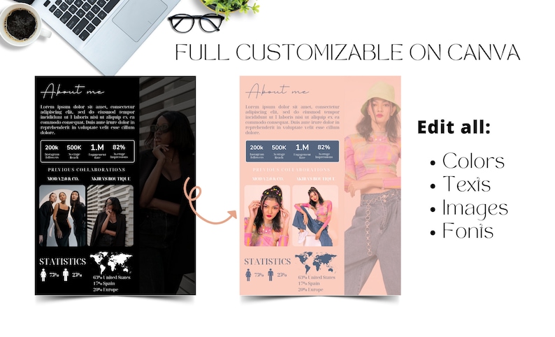 May include: A customizable template for a social media post or website. The template features a black and white photo of a person, a pink and white photo of a person, and text that says "About me", "200k", "500k", "1.M", "82%", "Previous Collaborations", "Statistics", "Edit all:", "Colors", "Texis", "Images", "Fonis".