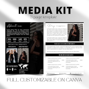 May include: Black and white media kit template with the text "MEDIA KIT" and "3 page template". The template includes sections for "About me", "My mission", "What can I do for you?" and "Services & Rates".