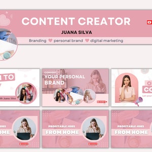 May include: A pink and white graphic design with the text "CONTENT CREATOR" and "JUANA SILVA" in a pink banner. The banner also includes the text "Branding personal brand digital marketing". Below the banner are six pink and white graphics with text such as "LEARN TO plan your content", "CONVERT YOUR PERSONAL BRAND", "PROFITABLE JOBS FROM HOME", and "ONLINE COURSE".