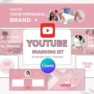 May include: A pink and white YouTube branding kit with 35 editable Canva templates. The kit includes a variety of graphics, including a play button, a logo, and text that says "Convert Your Personal Brand".