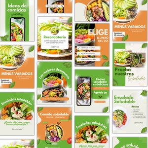May include: A collage of 16 colorful Instagram-style social media posts promoting healthy food. The posts feature images of salads, bowls, and other healthy dishes, along with text promoting healthy eating habits. The text includes phrases like "Come saludable", "Ideas de comidas saludables", "Ensaladas saludables", "Los mejores desayunos", "Comida saludable", "Prueba nuestras ensaladas", "Desayunos saludables", and "Platos Vegetarianos".