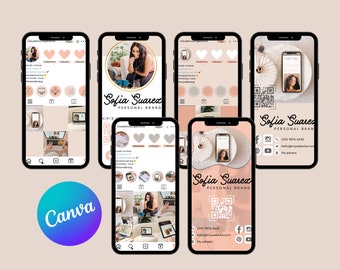 May include: A mockup of a mobile phone screen displaying a social media profile with a pink and white color scheme. The profile features a woman's photo, the text "Sofia Suarez Personal Brand", and a QR code. The profile also includes icons for Facebook, Instagram, and YouTube.