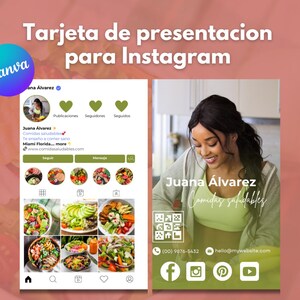 May include: A green and white Instagram profile card for a food blogger named Juana Alvarez. The card features a photo of Juana, her Instagram handle, a call to action to follow her, and a link to her website. The card also includes a grid of photos of healthy food.