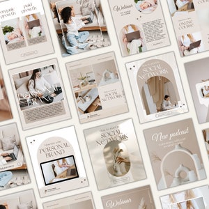 Może przedstawiać: Zbiór szablonów postów do mediów społecznościowych w neutralnej kolorystyce z odcieniami beżu, brązu i bieli. Szablony zawierają tekst, taki jak „Sieć społecznościowa”, „Marka osobista”, „Kurs online”, „Nowy podcast” i „Webinar”.