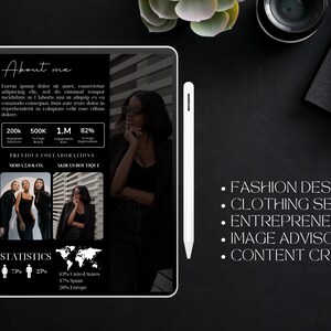 May include: A black and white image on a tablet screen with the text "About me" and statistics about the user's social media presence. The text "FASHION DESIGNER", "CLOTHING SELLERS", "ENTREPRENEURS", "IMAGE ADVISOR", and "CONTENT CREATORS" is listed on the right side of the image.