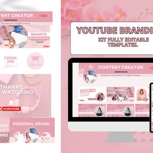 May include: A pink and white YouTube branding kit with fully editable templates for content creators. The kit includes a banner, end screen, and social media graphics. The text "CONTENT CREATOR" and "JUANA SILVA" are visible on the banner. The text "YOUTUBE BRANDING" and "KIT FULLY EDITABLE TEMPLATES" are visible on a pink rectangle.