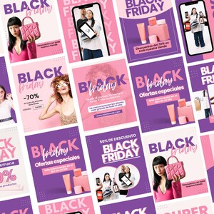 May include: A collage of social media posts promoting Black Friday sales. The posts feature various products, including purses, cosmetics, and clothing. The text on the posts includes phrases like "Black Friday Sale", "50% off", and "Offers Specials".
