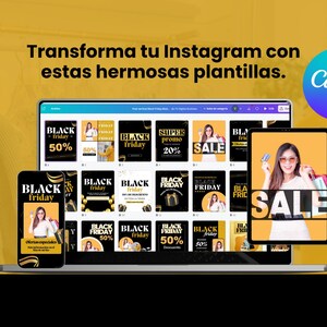 May include: A laptop screen displaying a Canva design template with multiple black and gold Instagram post designs featuring the text "Black Friday" and "Sale". The designs include a variety of graphics and text elements, such as a shopping bag, a gift box, and a discount percentage. The laptop is on a yellow surface with the Canva logo in the upper right corner.