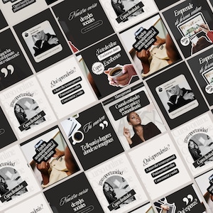 Puede incluir: Una colección de gráficos de marketing en redes sociales en blanco, negro y gris. Los gráficos presentan texto, citas e imágenes de personas. Algunos gráficos incluyen "30% de descuento" y "Cupos limitados".