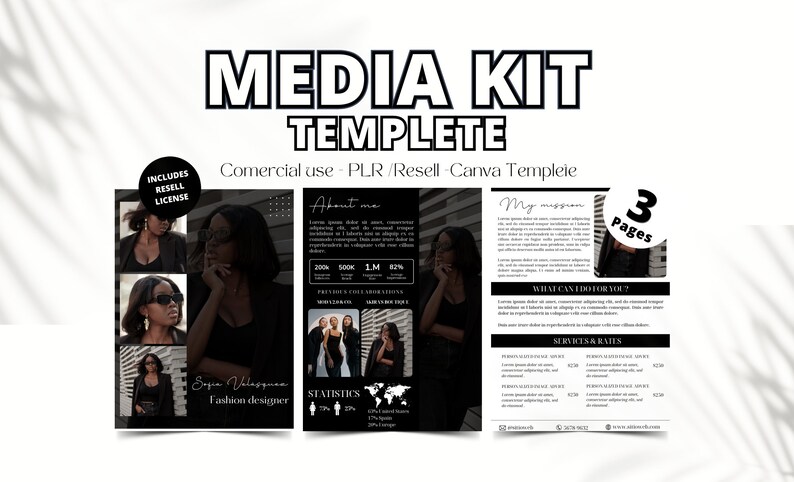 May include: A black and white media kit template for a fashion designer. The template includes three pages with information about the designer, their services, and rates. The template is designed to be used on Canva.