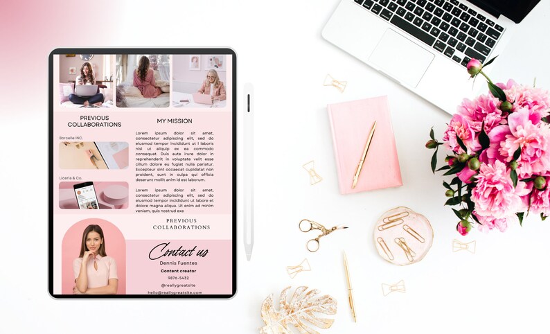 May include: A pink and white digital tablet displaying a website with a pink background. The website features a woman's headshot, text about previous collaborations, and a mission statement. The text reads "Previous Collaborations", "My Mission", and "Contact us".