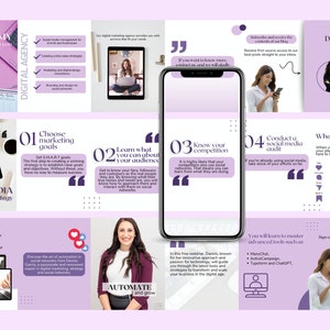 Op de afbeelding: Een collage van afbeeldingen met een paarse achtergrond en tekst die "IPRESENT MY SERVICES TO YOU" en "DIGITAL AGENCY" luidt. De afbeeldingen tonen een vrouw voor een laptop, een vrouw voor een telefoon en een vrouw voor een tablet. De tekst bevat ook "SOCIAL MEDIA strategy", "Webinar", "Automate your social networks and grow your business", "Choose marketing goals", "Learn what you can about your audience", "Know your competition", "Conduct a social media audit", "What's Next?", "You will learn to master advanced tools such as", "ManyChat", "ActiveCampaign", "Typeform and ChatGPT", "Sign up now and get ready to give your brand a boost", "Did you like this content?", "Like", "Comment", "Share", "Save", "Automate and grow".