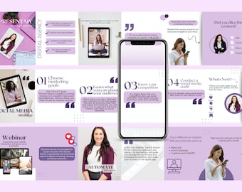 Op de afbeelding: Een collage van afbeeldingen met een paarse achtergrond en tekst die "IPRESENT MY SERVICES TO YOU" en "DIGITAL AGENCY" luidt. De afbeeldingen tonen een vrouw voor een laptop, een vrouw voor een telefoon en een vrouw voor een tablet. De tekst bevat ook "SOCIAL MEDIA strategy", "Webinar", "Automate your social networks and grow your business", "Choose marketing goals", "Learn what you can about your audience", "Know your competition", "Conduct a social media audit", "What's Next?", "You will learn to master advanced tools such as", "ManyChat", "ActiveCampaign", "Typeform and ChatGPT", "Sign up now and get ready to give your brand a boost", "Did you like this content?", "Like", "Comment", "Share", "Save", "Automate and grow".