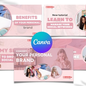 May include: Four pink and white social media banners with text that reads "Benefits of your personal brand", "Learn to manage your social networks", "My strategy to grow social", and "Convert your personal brand". The banners feature images of women working on laptops and using social media.