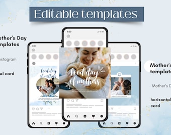 Editable Canva Mother's Day Instagram Templates – Blue Watercolor – PDF