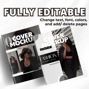Puede incluir: Dos maquetas de portada de libro electrónico en blanco y negro con una mujer con un blazer negro y jeans. El texto de la portada dice "COVER MOCKUP" y "FASHION".
