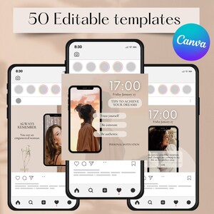 Könnte beinhalten: Ein Mockup von drei Smartphone-Bildschirmen, die Instagram-Posts mit beigefarbenem Hintergrund anzeigen. Der Text auf den Bildschirmen lautet "50 bearbeitbare Vorlagen", "Denken Sie immer daran", "Sie sind eine starke Frau", "17:00 Freitag, 27. Januar", "Tipps, um Ihre Träume zu verwirklichen", "Vertrauen Sie sich selbst", "Seien Sie konstant", "Seien Sie authentisch", "Persönliche Motivation", "17:00 Freitag, 27. Januar", und "Canva".