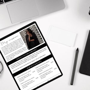 May include: A black and white digital document with the title "My mission" and a section titled "What can I do for you?" The document lists services and rates for photography.