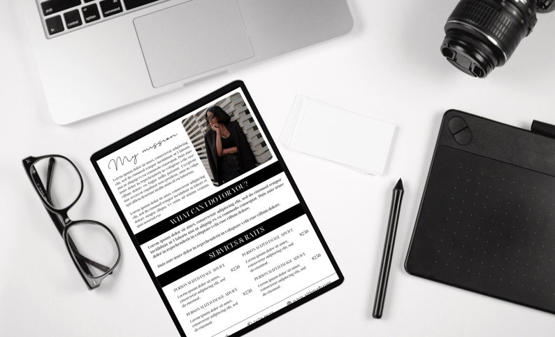May include: A black and white digital document with the title "My mission" and a section titled "What can I do for you?" The document lists services and rates for photography.