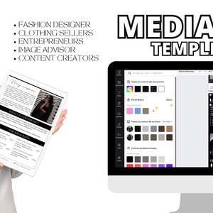 May include: A computer screen displaying a media kit template with a black and white design. The template includes a section for "About Me" and "Statistics". The text "MEDIA KIT TEMPLETE" is displayed in bold black letters at the top of the screen.
