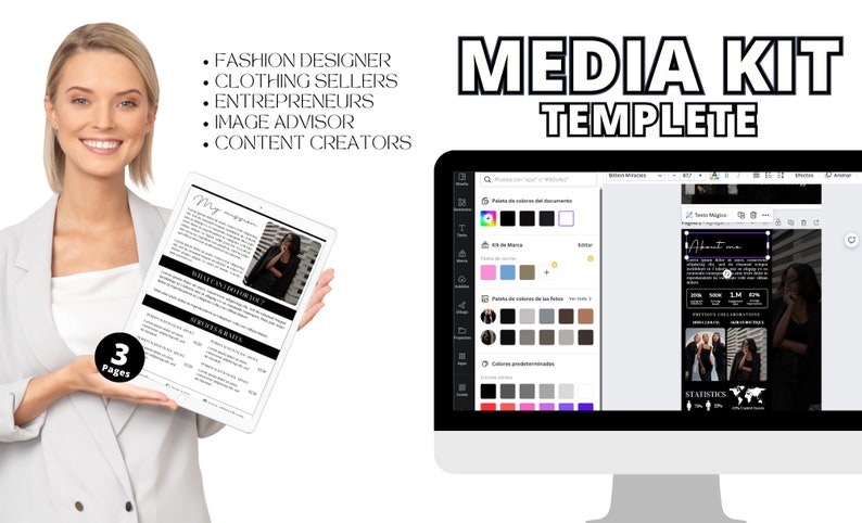 May include: A computer screen displaying a media kit template with a black and white design. The template includes a section for "About Me" and "Statistics". The text "MEDIA KIT TEMPLETE" is displayed in bold black letters at the top of the screen.