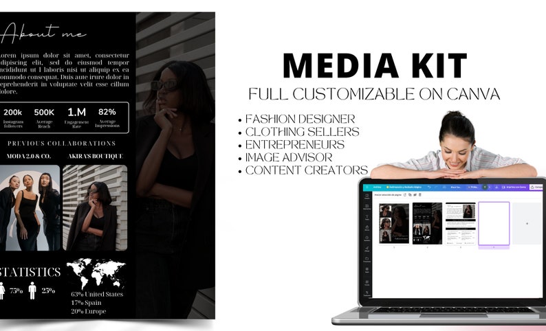 May include: A laptop computer screen displaying a media kit template on Canva. The template is for fashion designers, clothing sellers, entrepreneurs, image advisors, and content creators. The text "MEDIA KIT" and "FULL CUSTOMIZABLE ON CANVA" is displayed on the screen.