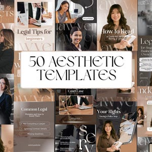 Puede incluir: Un collage de imágenes con una paleta de colores neutros, que muestra el texto "50 Aesthetic Templates". Las imágenes incluyen personas, texto y gráficos relacionados con el asesoramiento legal y consejos comerciales. El tema general es profesional e informativo.