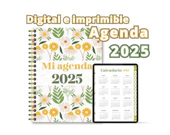 May include: A digital and printable 2025 agenda with a floral design. The cover features white daisies and yellow flowers on a white background. The agenda includes a calendar for the year 2025.