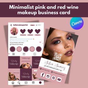 Sjabloon voor visitekaartjes, Instagram-visitekaartje, make-up, professionele make-up, rosé met rode wijnroze visitekaartjesjabloon.
