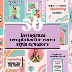 Può includere: Un collage di modelli di post Instagram colorati con design in stile retrò. I modelli includono testo come "Nuovo corso", "Webinar", "Workshop di marketing digitale", "Crea il tuo brand personale", "Corso di personal branding online" e "Motivazione".
