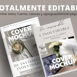 May include: Two ebook cover mockups with the text "COVER MOCKUP" in white. One mockup features a coffee cup on a saucer, and the other has a laptop and a glass of iced coffee. The text "TOTALMENTE EDITABLE" is at the top.