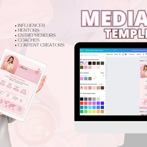 May include: A pink and white media kit template for influencers, mentors, entrepreneurs, coaches, and content creators. The template is displayed on a computer screen and includes a photo of a woman, text, and icons. The template is designed to be used for social media marketing.